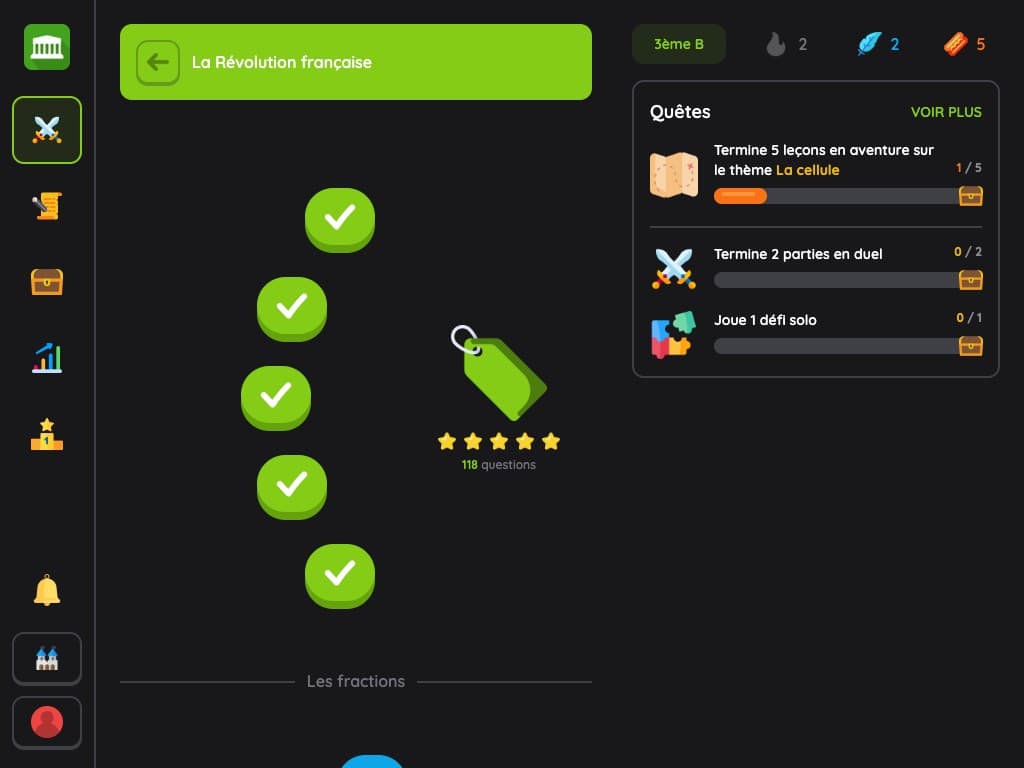 Application élève sur tablette : parcours du mode aventure et quêtes