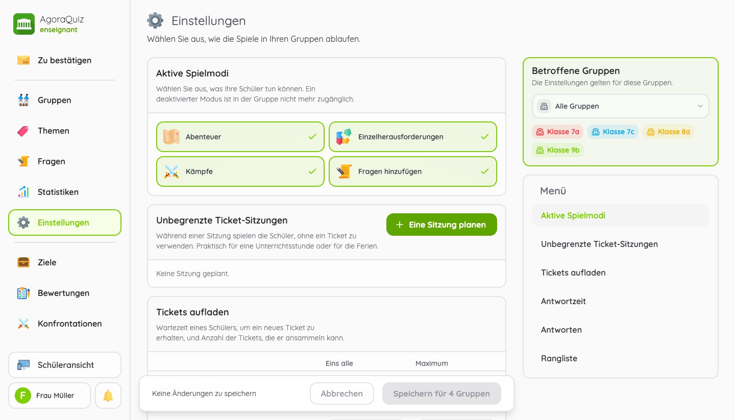 Seite Einstellungen: aktive Spielmodi, Sitzungen mit unbegrenzten Tickets und Aufladen der Tickets