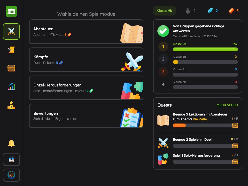 Neue Version: die Startseite des Schülers mit den vier Spielmodi