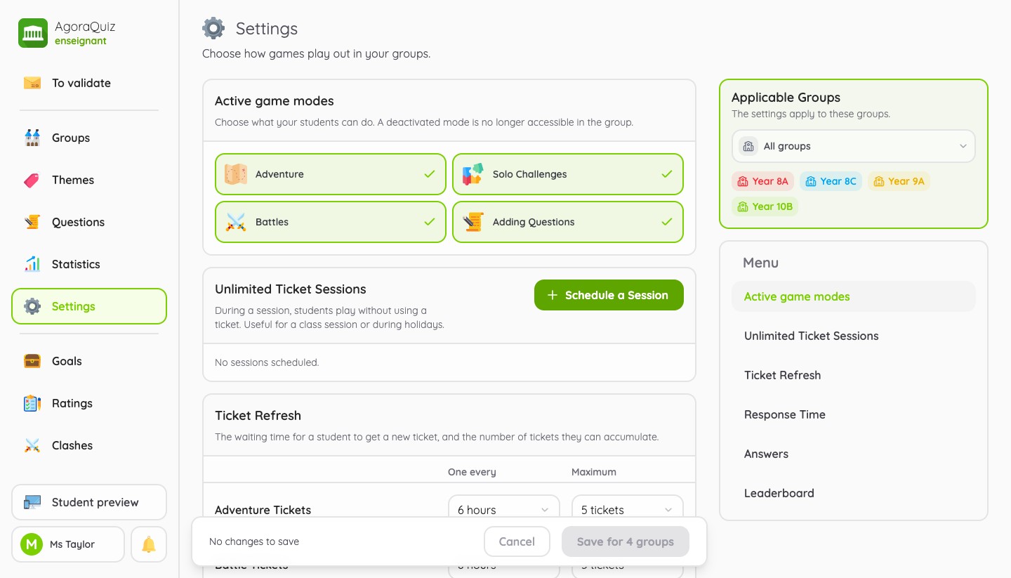 Settings page: active game modes, unlimited ticket sessions and ticket refresh