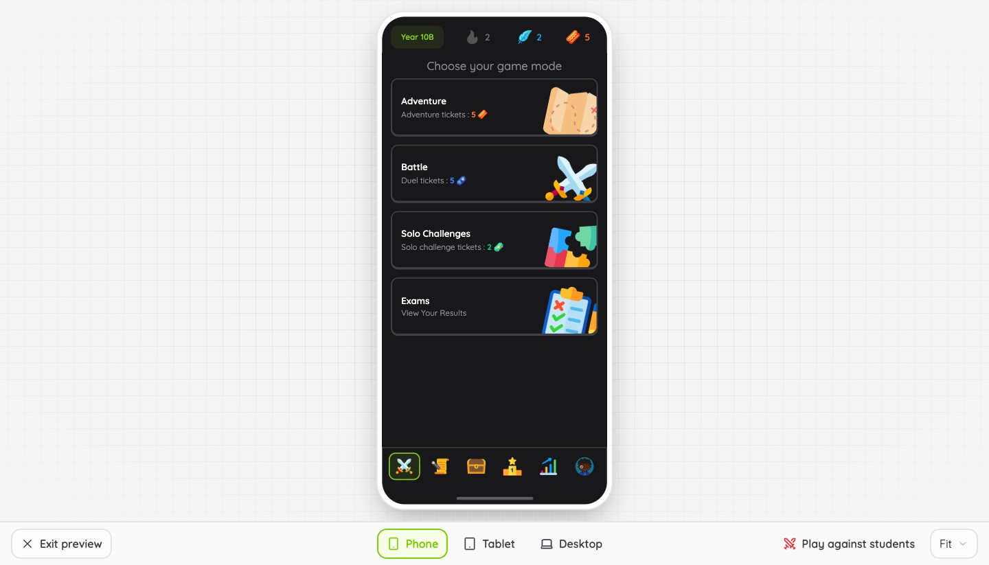 Student preview on a phone, inside the teacher space