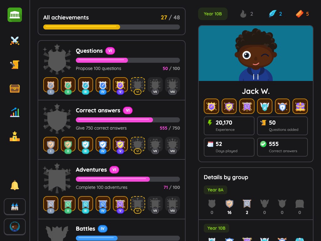 New version: the student's achievements and unlocked levels