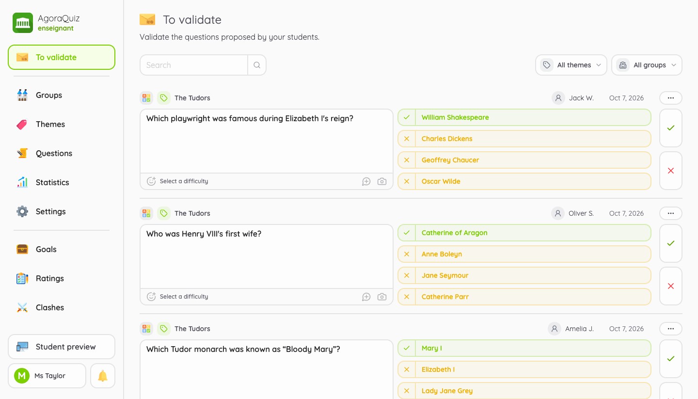 Questions waiting for approval from all groups, with filters by theme and by group