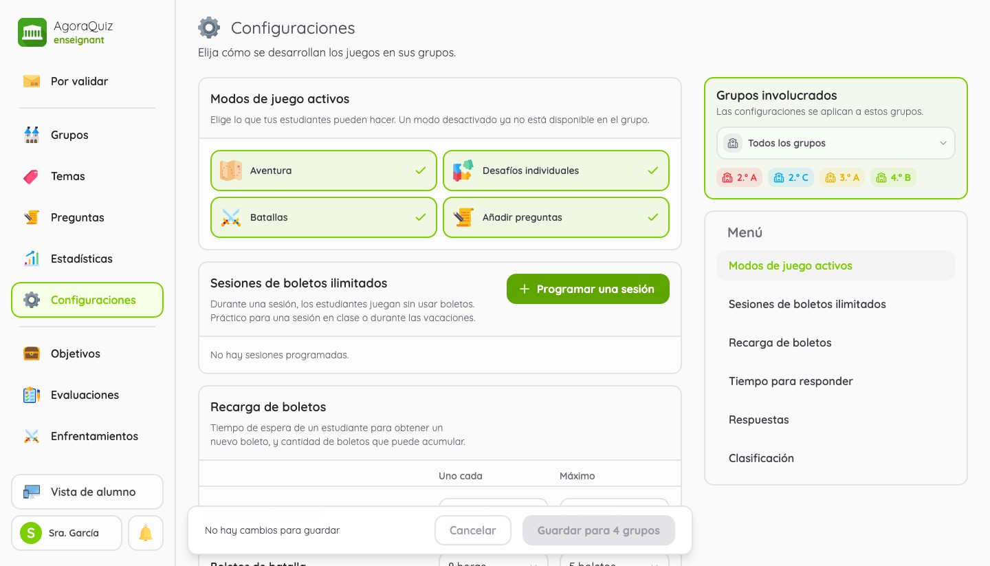 Página Configuraciones: modos de juego activos, sesiones de tickets ilimitados y recarga de tickets