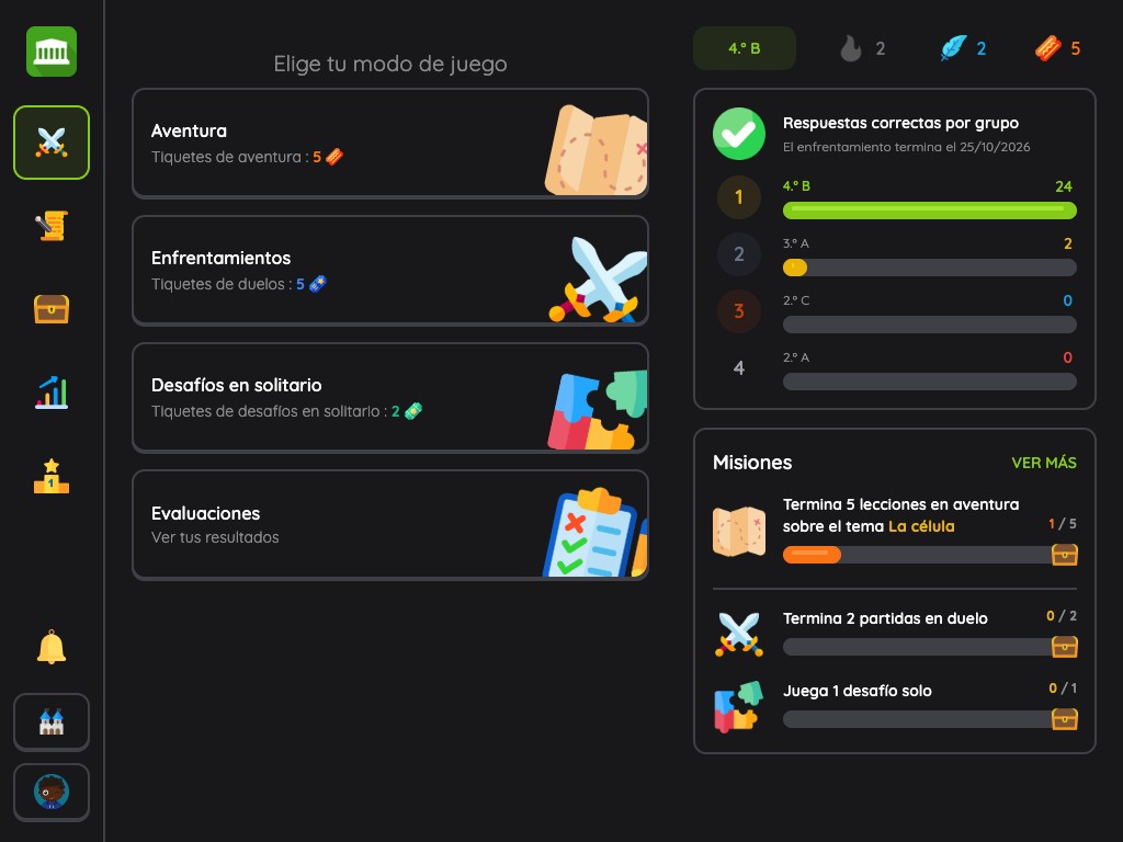 Nueva versión: la pantalla de inicio del alumno con los cuatro modos de juego