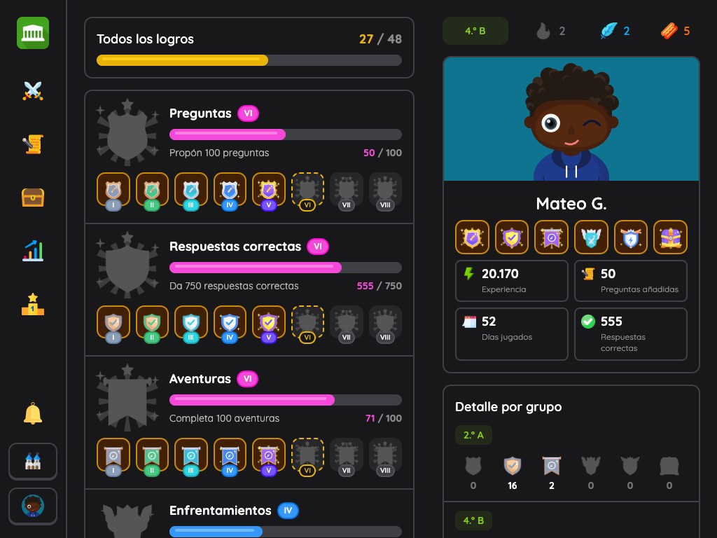 Nueva versión: logros del alumno y niveles desbloqueados