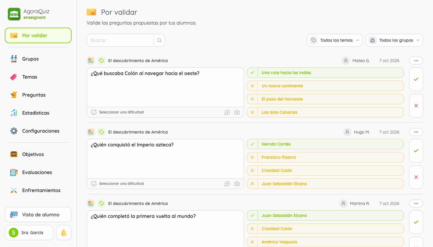 Preguntas por validar de todos los grupos, con filtros por tema y por grupo