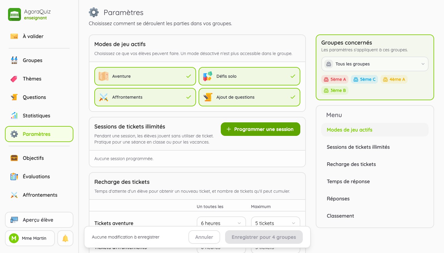 Page Paramètres : modes de jeu actifs, sessions de tickets illimités et recharge des tickets