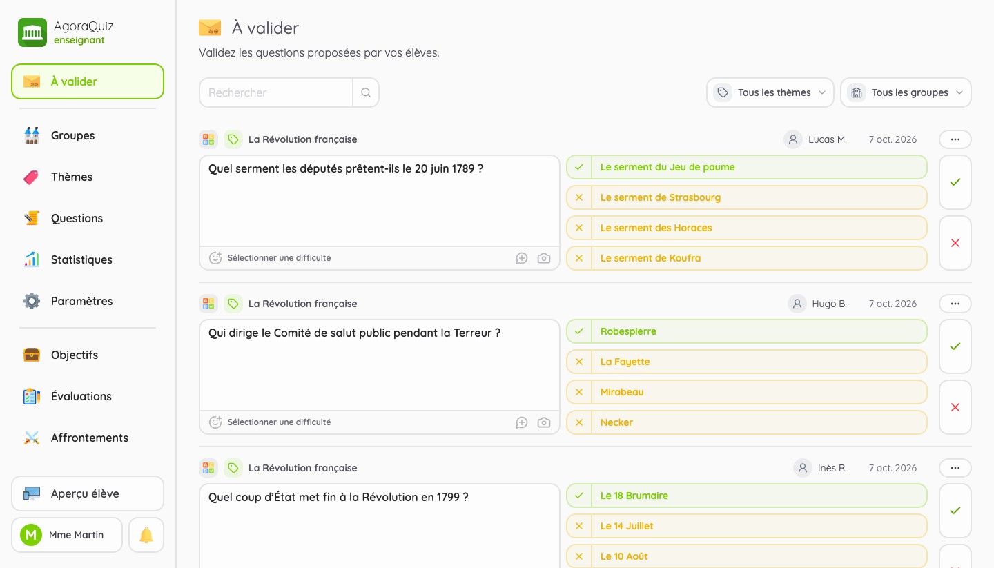 Questions à valider de tous les groupes, avec filtres par thème et par groupe