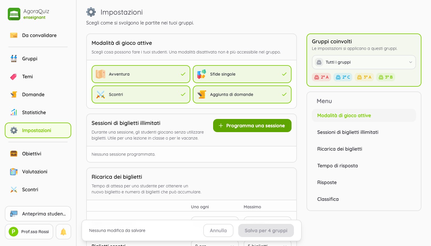 Pagina Impostazioni: modalità di gioco attive, sessioni di ticket illimitati e ricarica dei ticket