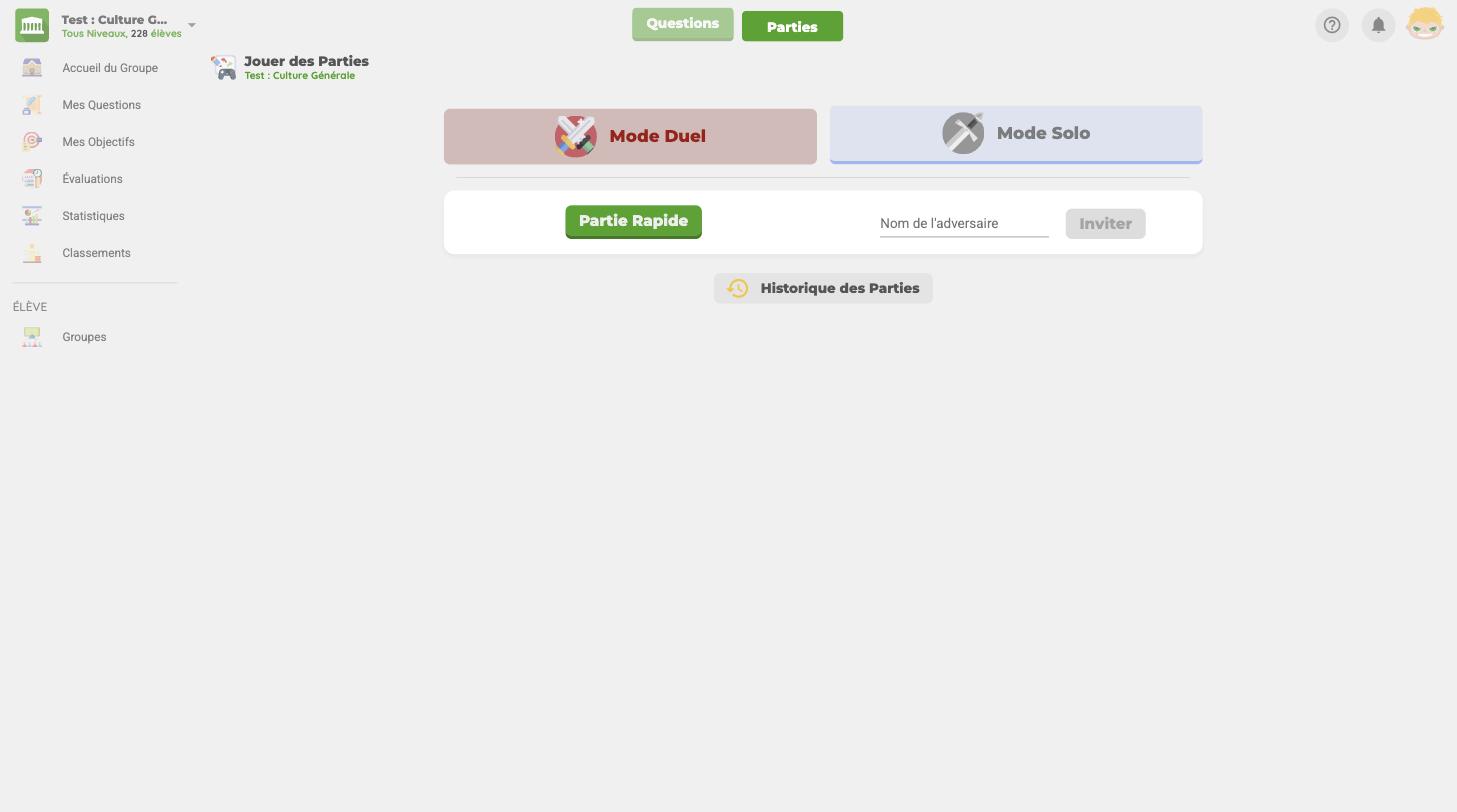 Ancienne version : la page Jouer des Parties, avec les modes Duel et Solo