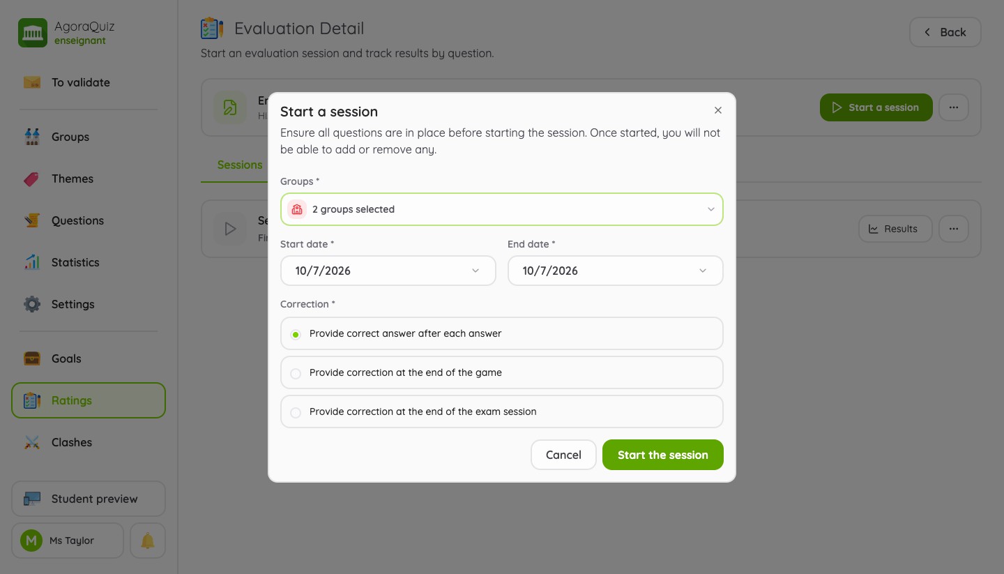 New version: starting an evaluation session for two groups
