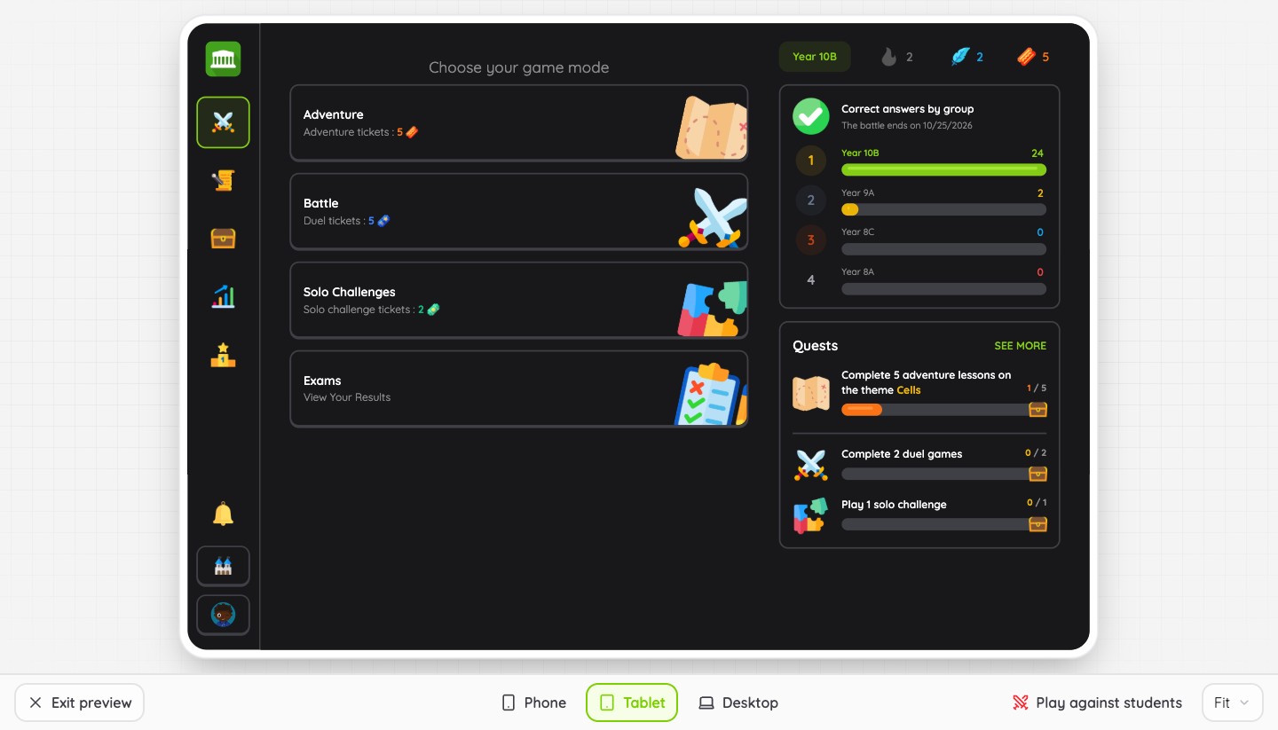 Student preview on a tablet, inside the teacher space