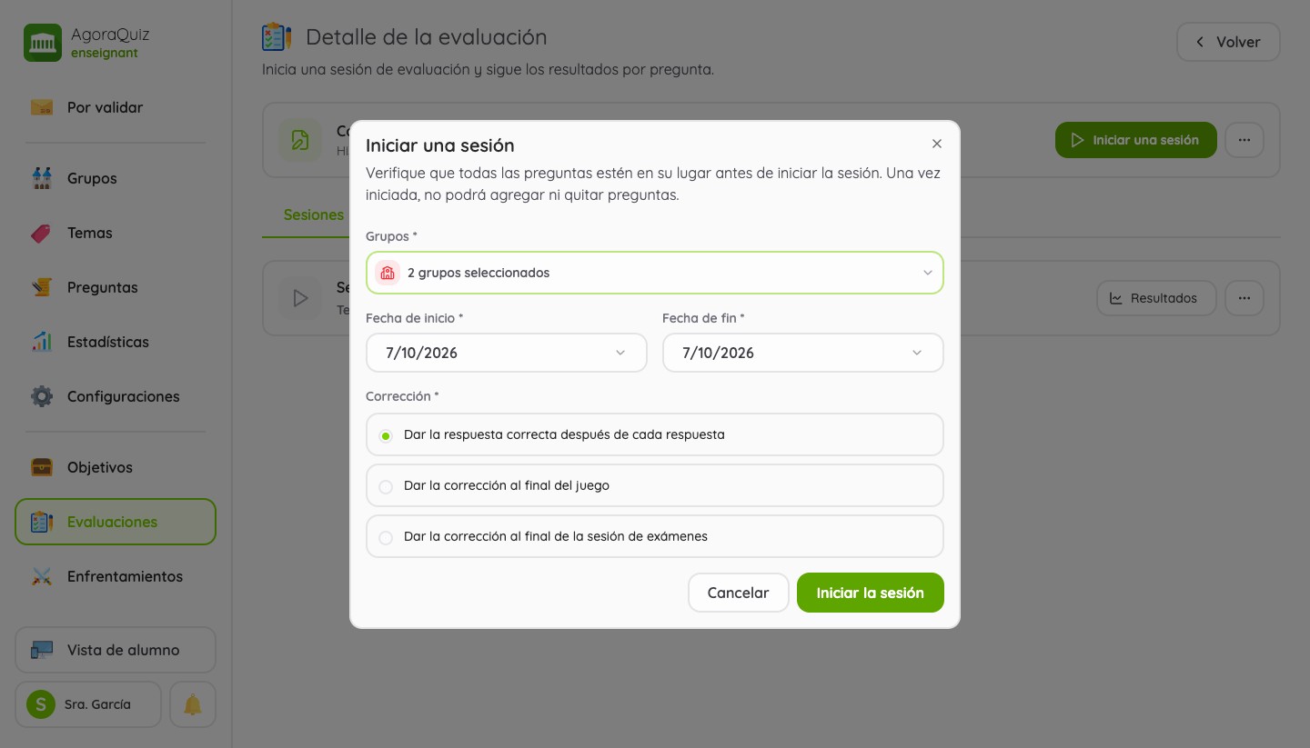 Nueva versión: inicio de una sesión de evaluación para dos grupos