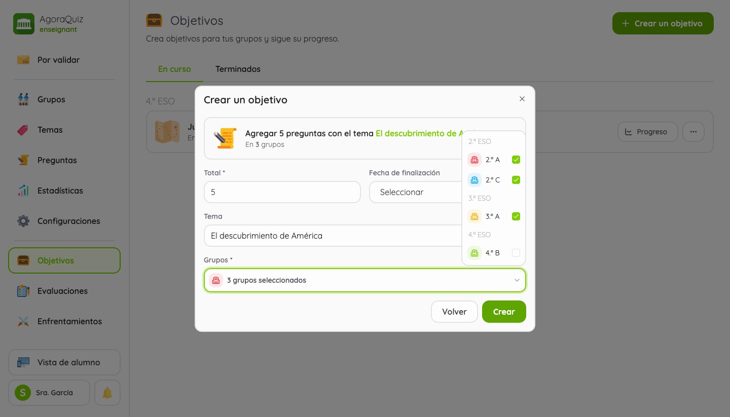 Nueva versión: creación de un objetivo para tres grupos