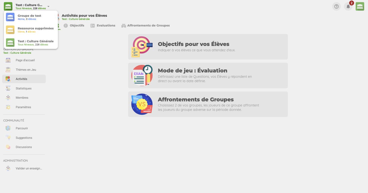 Ancienne version : le sélecteur de groupe en haut à gauche de l'écran