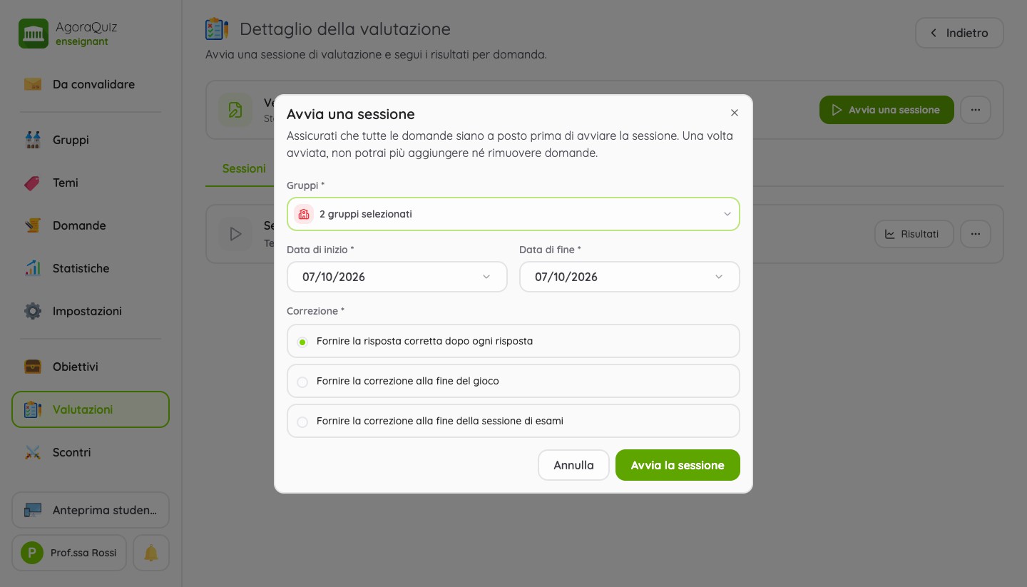 Nuova versione: avvio di una sessione di valutazione per due gruppi